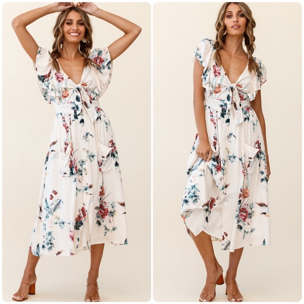 Women’s White Floral Front Tie Cutout Midi Dress Size XS